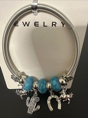 NWT Chloe Accessory Silver -Tone Bracelet with Turquoise Beads and Western Charm